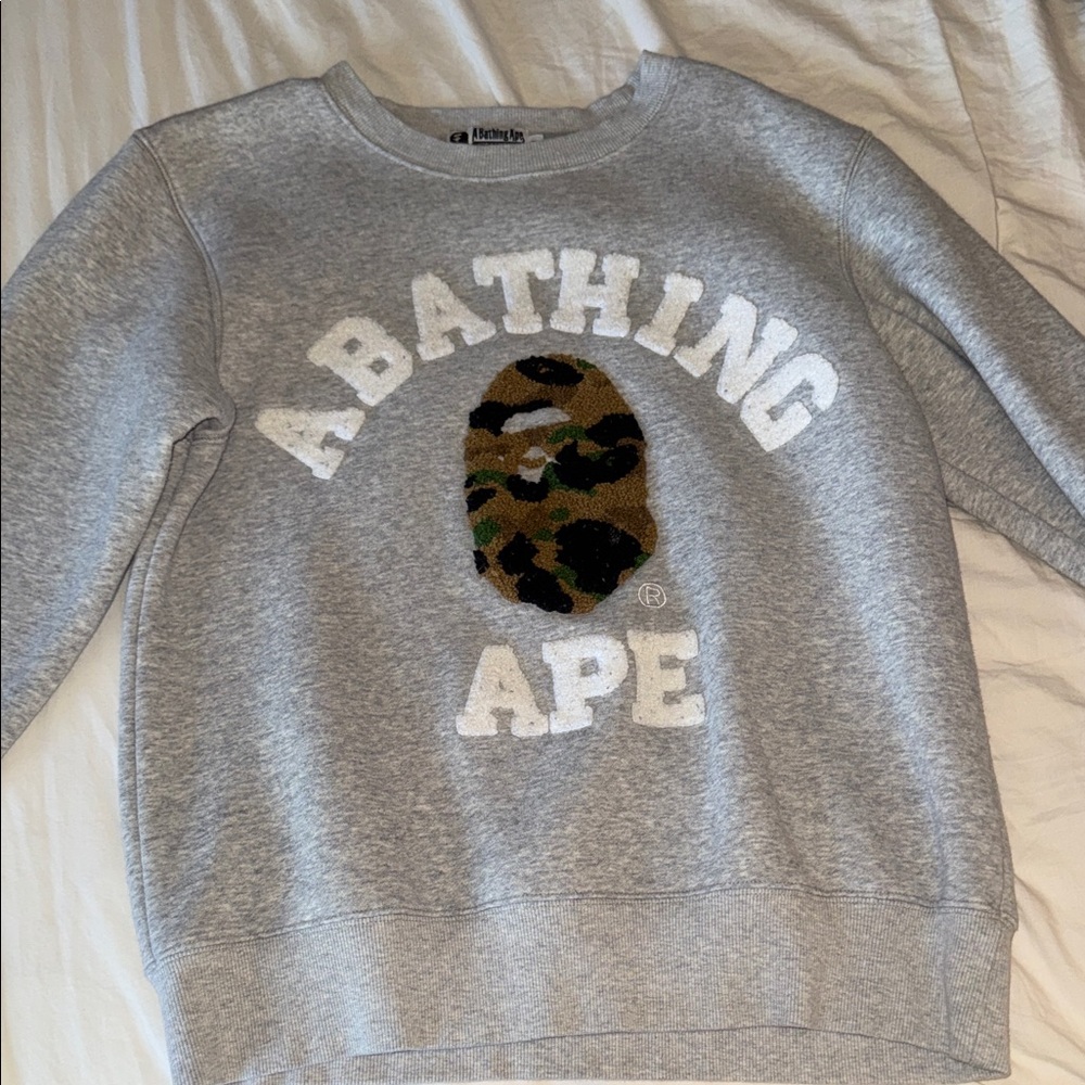 Bape Gray Crewneck Sweatshirt with Camo Ape Logo